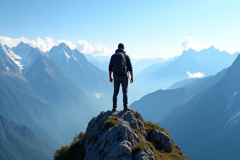 Senderista en la cima de una montaña contemplando el paisaje