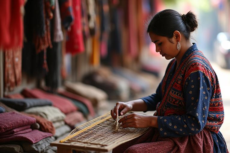 Mujer artesana tejiendo en un taller local tradicional