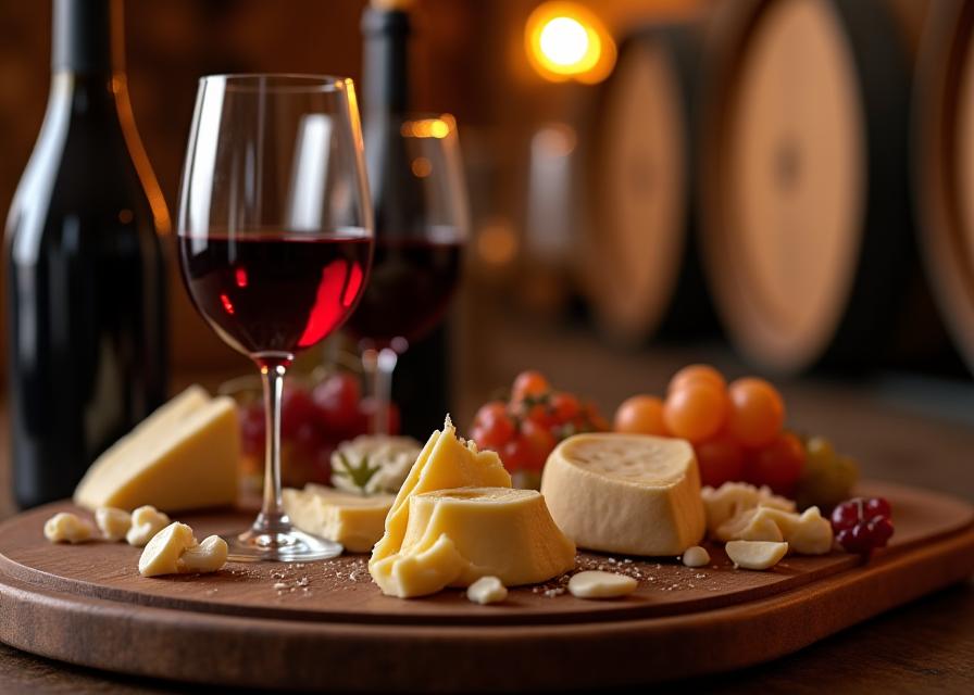 Degustación de vinos y quesos en una bodega rústica
