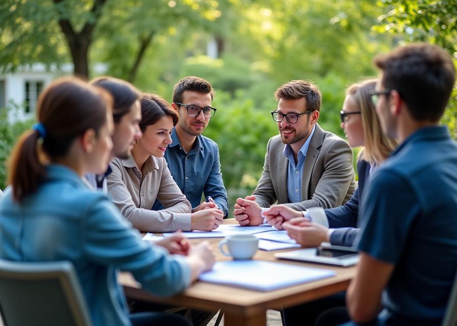 Equipo de trabajo colaborando en un retiro corporativo al aire libre