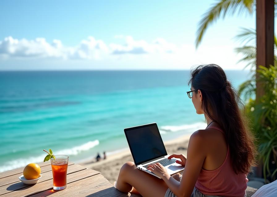 Persona trabajando con un portátil en una terraza con vistas al mar