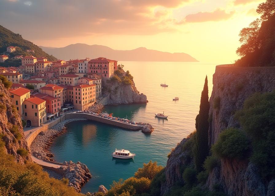 Vista serena de un pueblo costero mediterráneo al atardecer