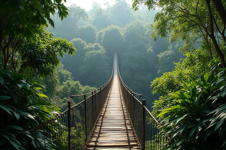 Puente colgante en una selva frondosa representando el turismo ecológico
