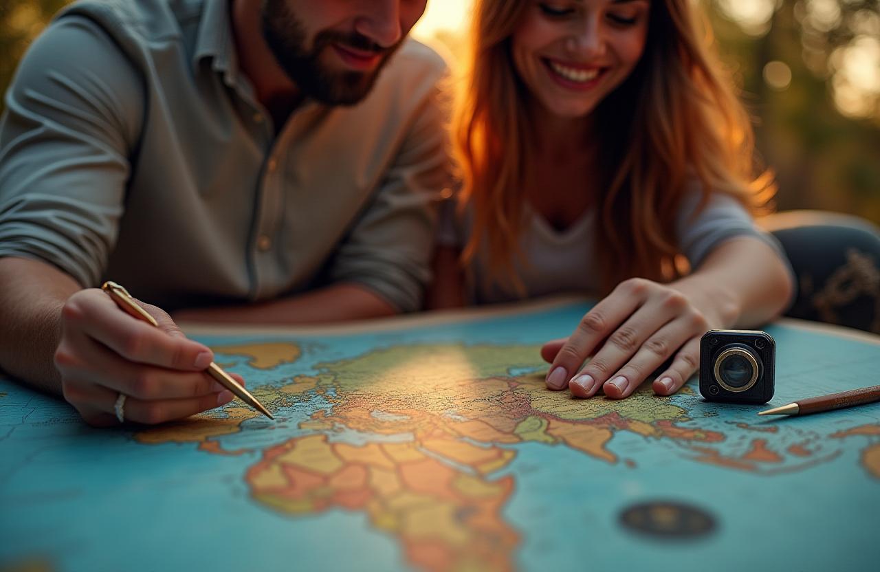 Pareja planificando su próxima aventura con un mapa